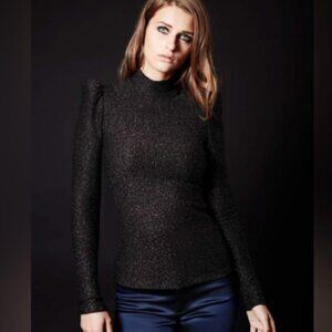 Smythe Pouf poof Sleeve Metallic Mock Neck Top, black with gold Size M